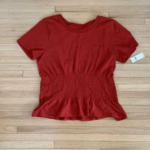 NWT Maeve by Anthropologie. Red peplum ruched short sleeve t-shirt. Size XL.